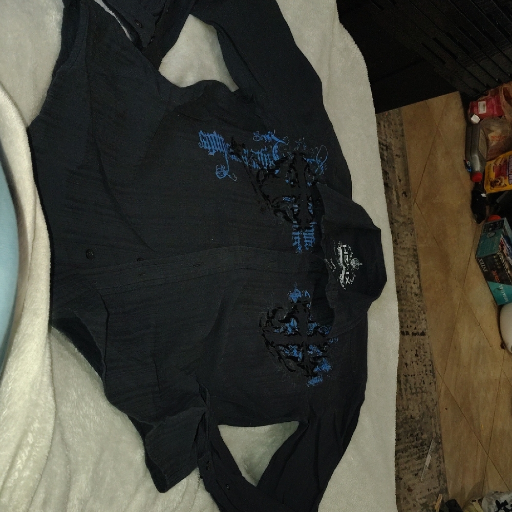 Helix Black Button Down Shirt with Blue Embroidery